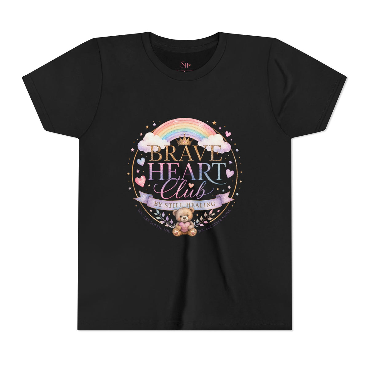 Brave Heart Club Youth Tee — Pastel Rainbow & Teddy Kids Shirt (“Brave Heart Club” Design)