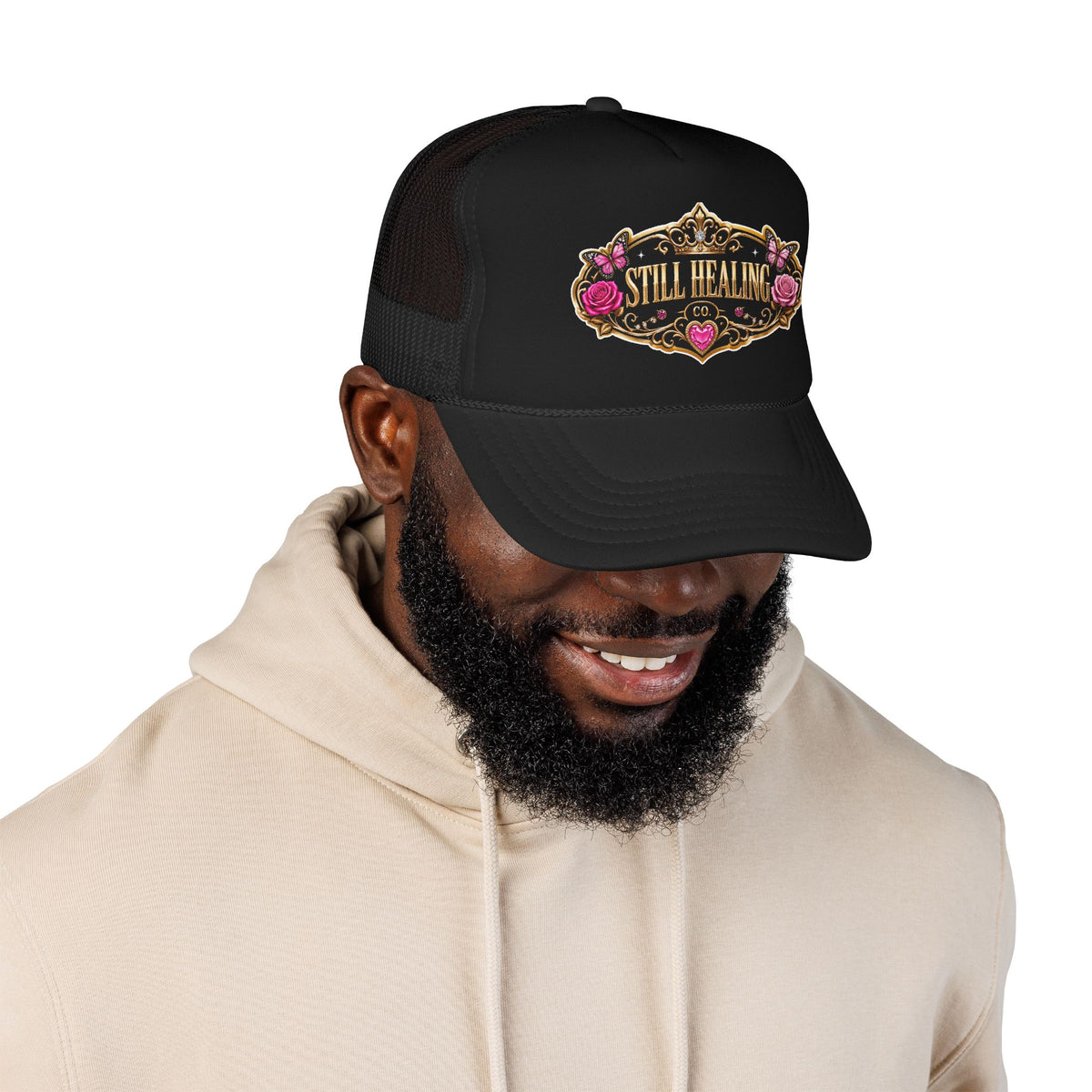 Still Healing Trucker Hat — Floral Vintage Patch Foam Cap