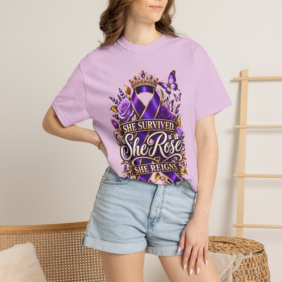 Survivor Awareness T-Shirt — "She Survived, She Rose" & "Love Should Never Hurt" Purple Ribbon Design