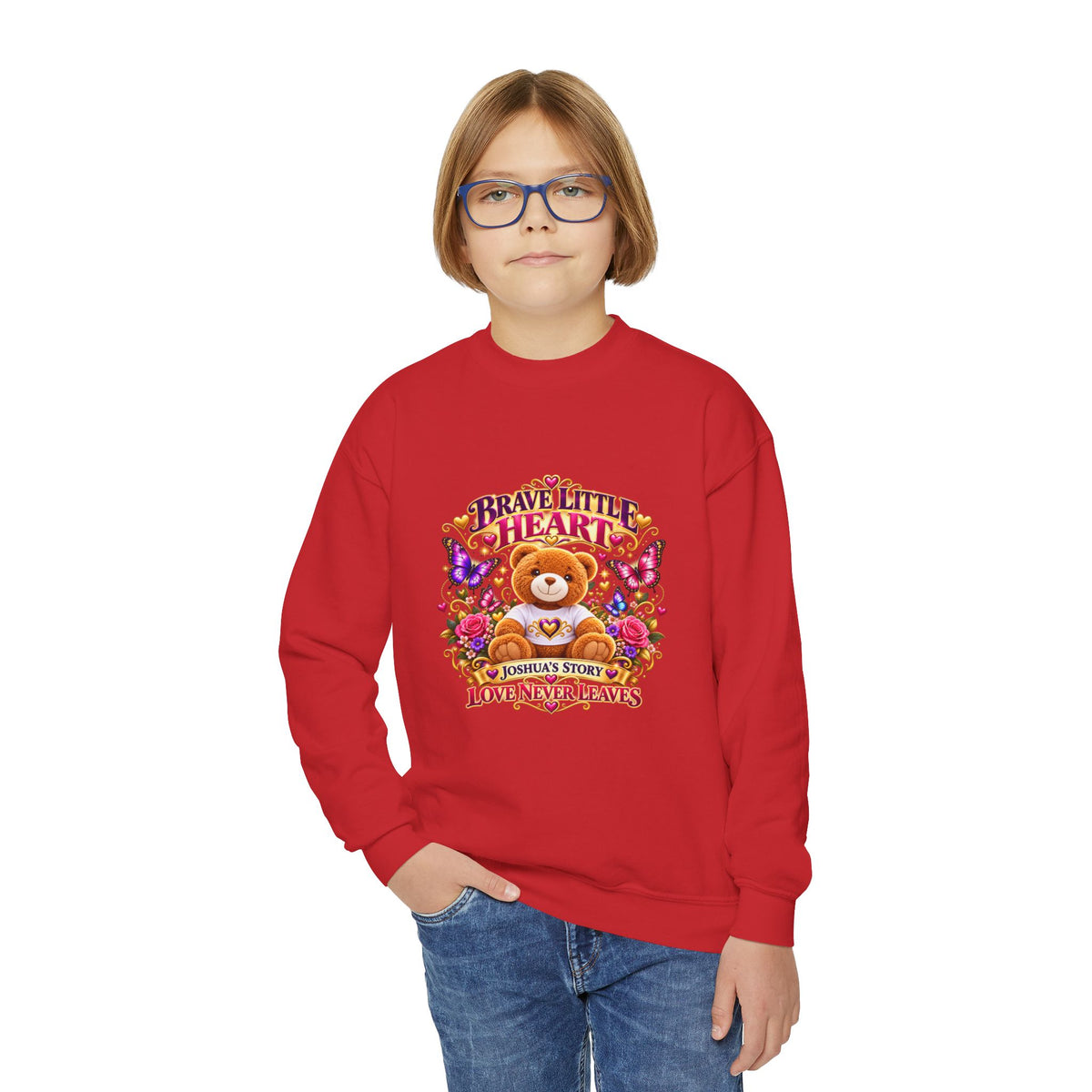 Brave Little Heart Youth Crewneck Sweatshirt β Cute Teddy Bear Floral Kids Pullover