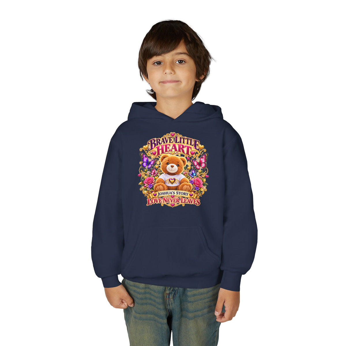 Brave Little Heart Youth Hoodie – Personalized Teddy Bear 'Love Never Leaves' Kids Sweatshirt
