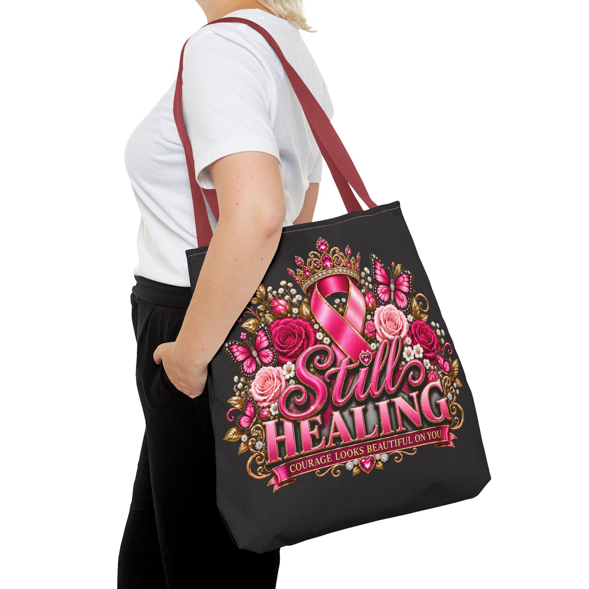 Still Healing Breast Cancer Awareness Tote Bag — Pink Ribbon Courage Floral Design