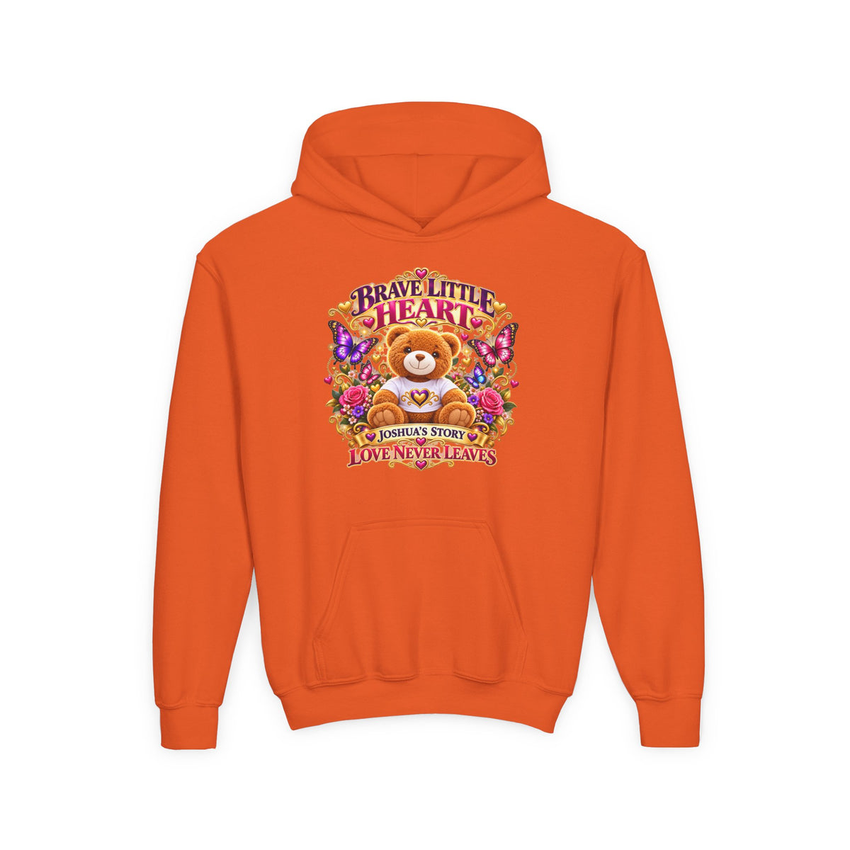 Brave Little Heart Youth Hoodie – Personalized Teddy Bear 'Love Never Leaves' Kids Sweatshirt