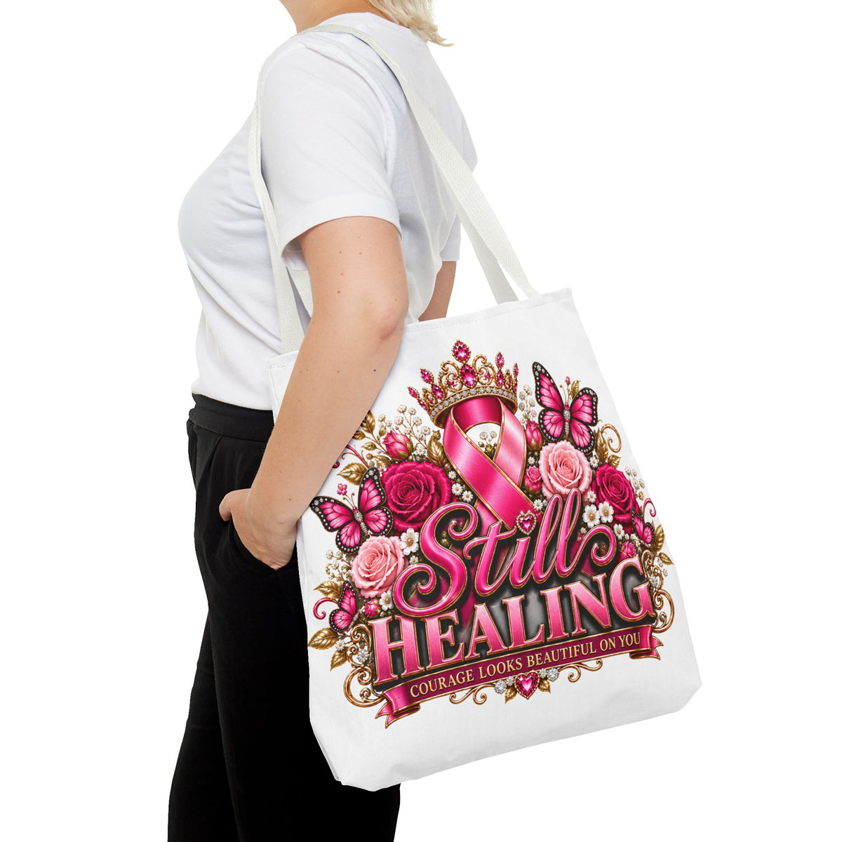 Breast Cancer Awareness Tote Bag - "Still Healing" Pink Ribbon Floral Design