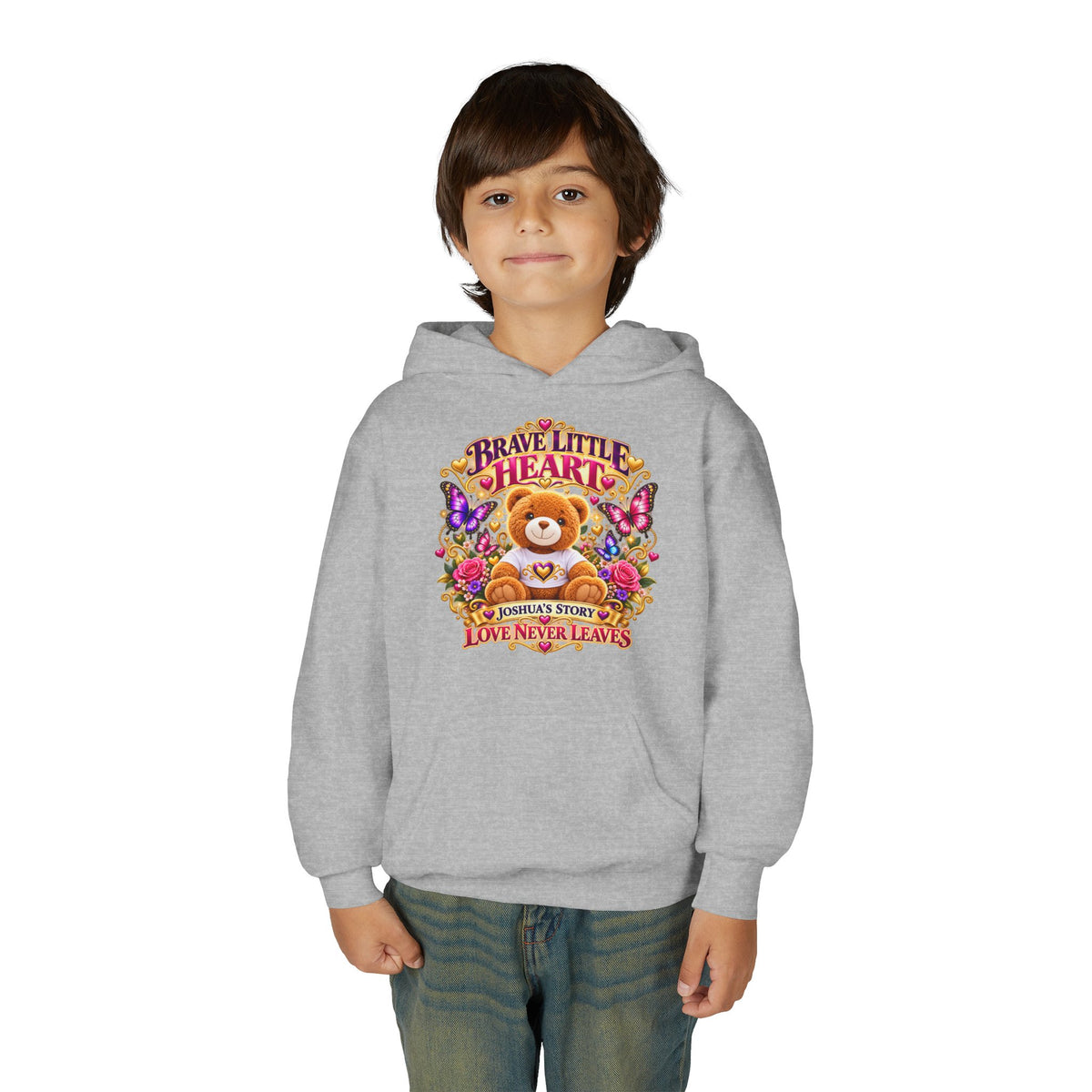Brave Little Heart Youth Hoodie – Personalized Teddy Bear 'Love Never Leaves' Kids Sweatshirt