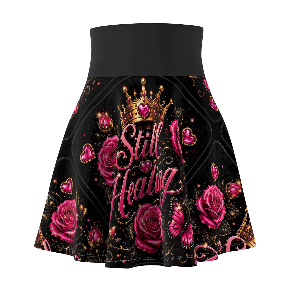 Still Healing Skater Skirt — Pink Roses, Crown & Butterfly Floral AOP