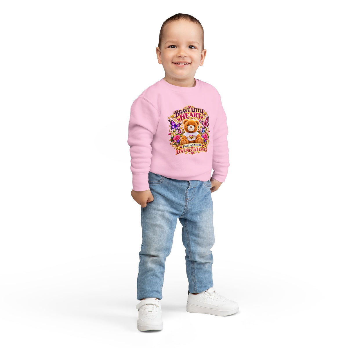 Brave Little Heart Toddler Sweatshirt – Personalized Bear & Butterflies “Love Never Leaves”