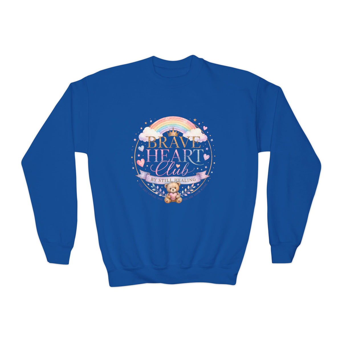 Brave Heart Club Youth Crewneck Sweatshirt — Rainbow Teddy Cancer Awareness