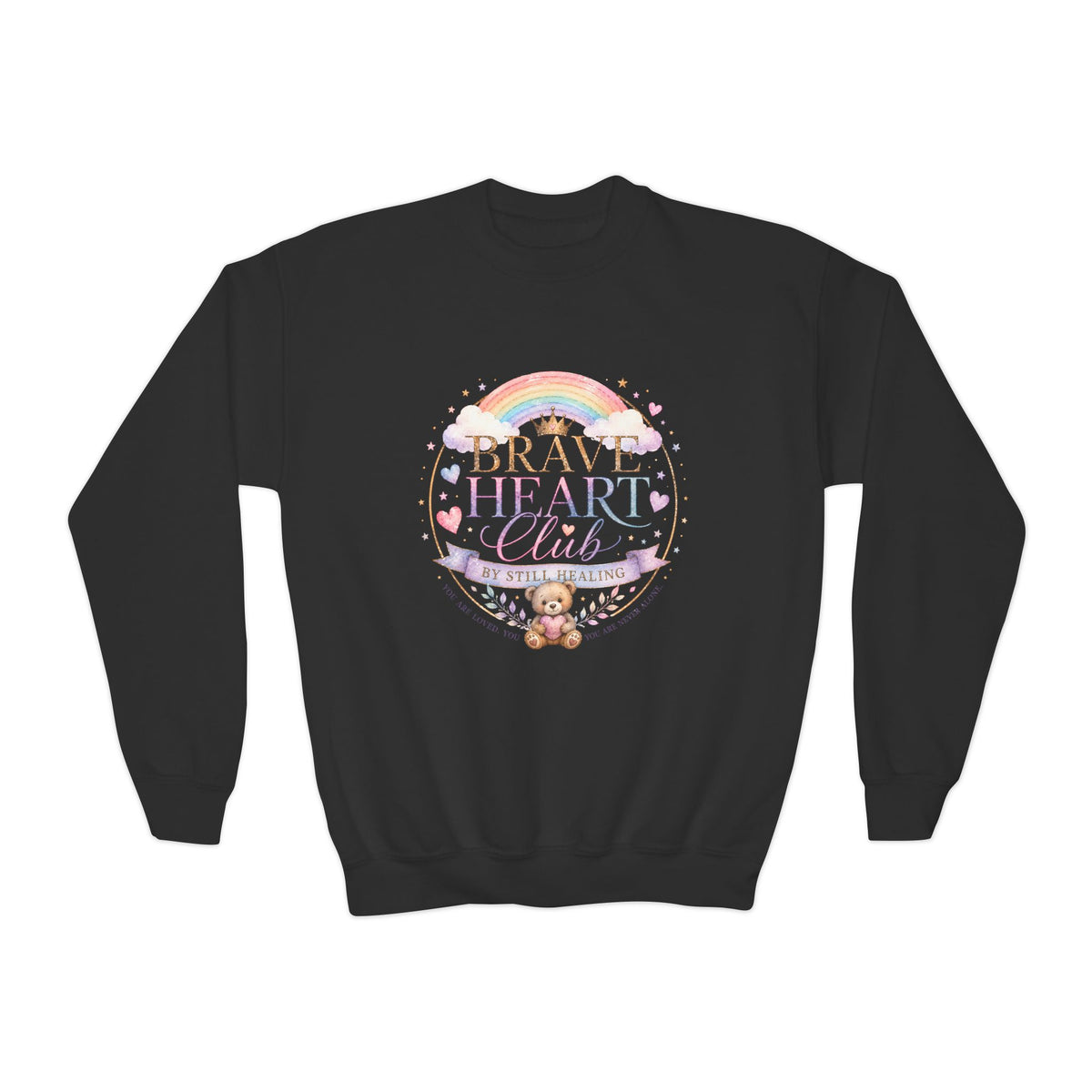 Brave Heart Club Youth Crewneck Sweatshirt — Rainbow Teddy Cancer Awareness