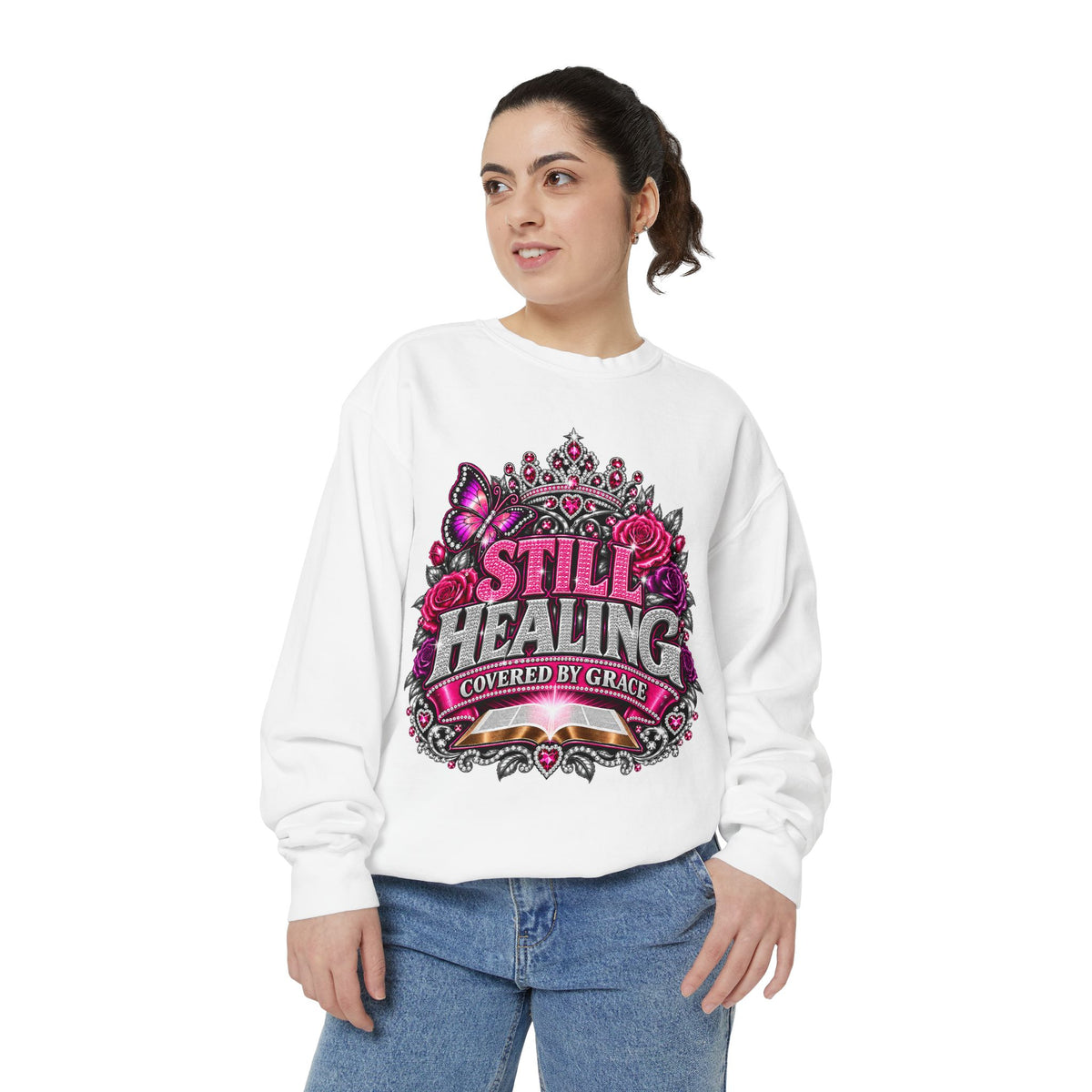 Still Healing Sweatshirt — 'Covered by Grace' Sparkle Graphic Crewneck