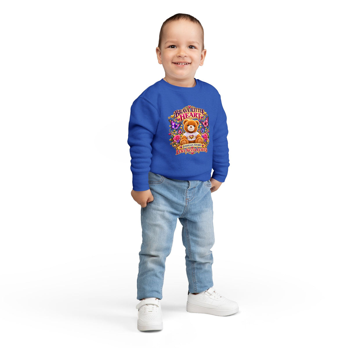 Brave Little Heart Toddler Sweatshirt – Personalized Bear & Butterflies “Love Never Leaves”
