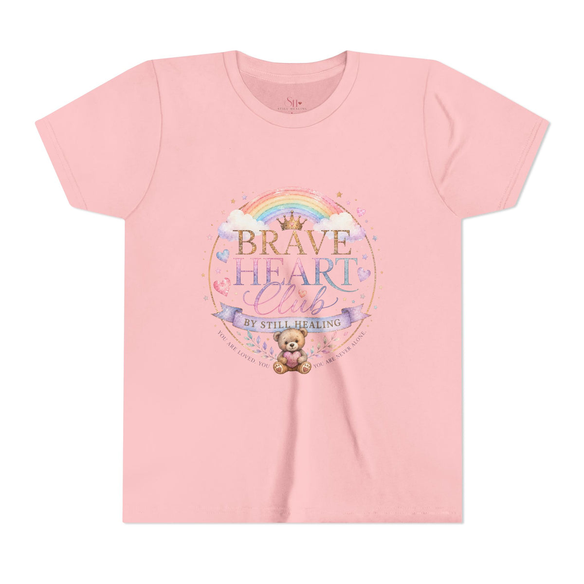 Brave Heart Club Youth Tee — Pastel Rainbow & Teddy Kids Shirt (“Brave Heart Club” Design)