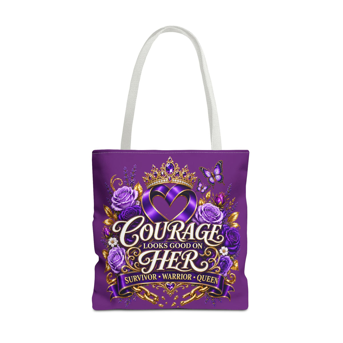 Purple "Courage Looks Good on Her" Survivor Tote Bag — Breast Cancer Awareness, Warrior Queen Gift