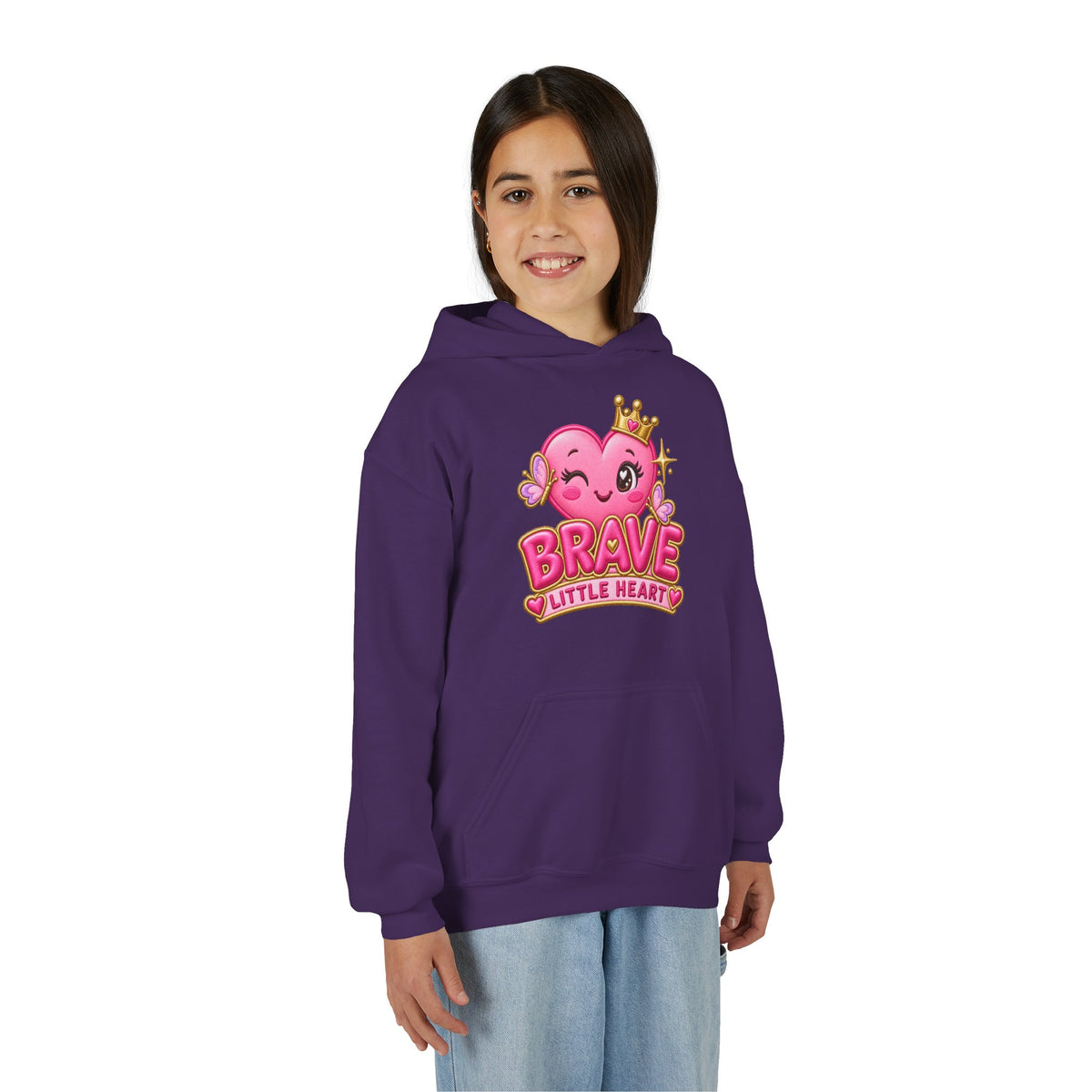 Youth Hoodie — "Brave Little Heart" Pink Heart Crown Kids Pullover