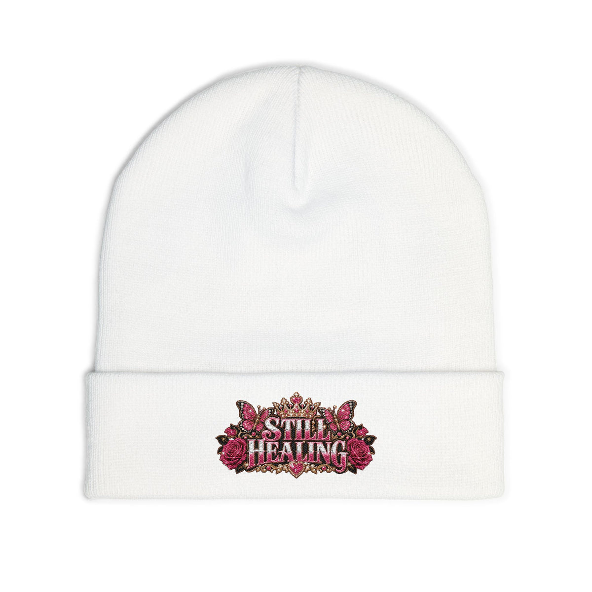 Embroidered 'Still Healing' Floral Crown Knit Beanie