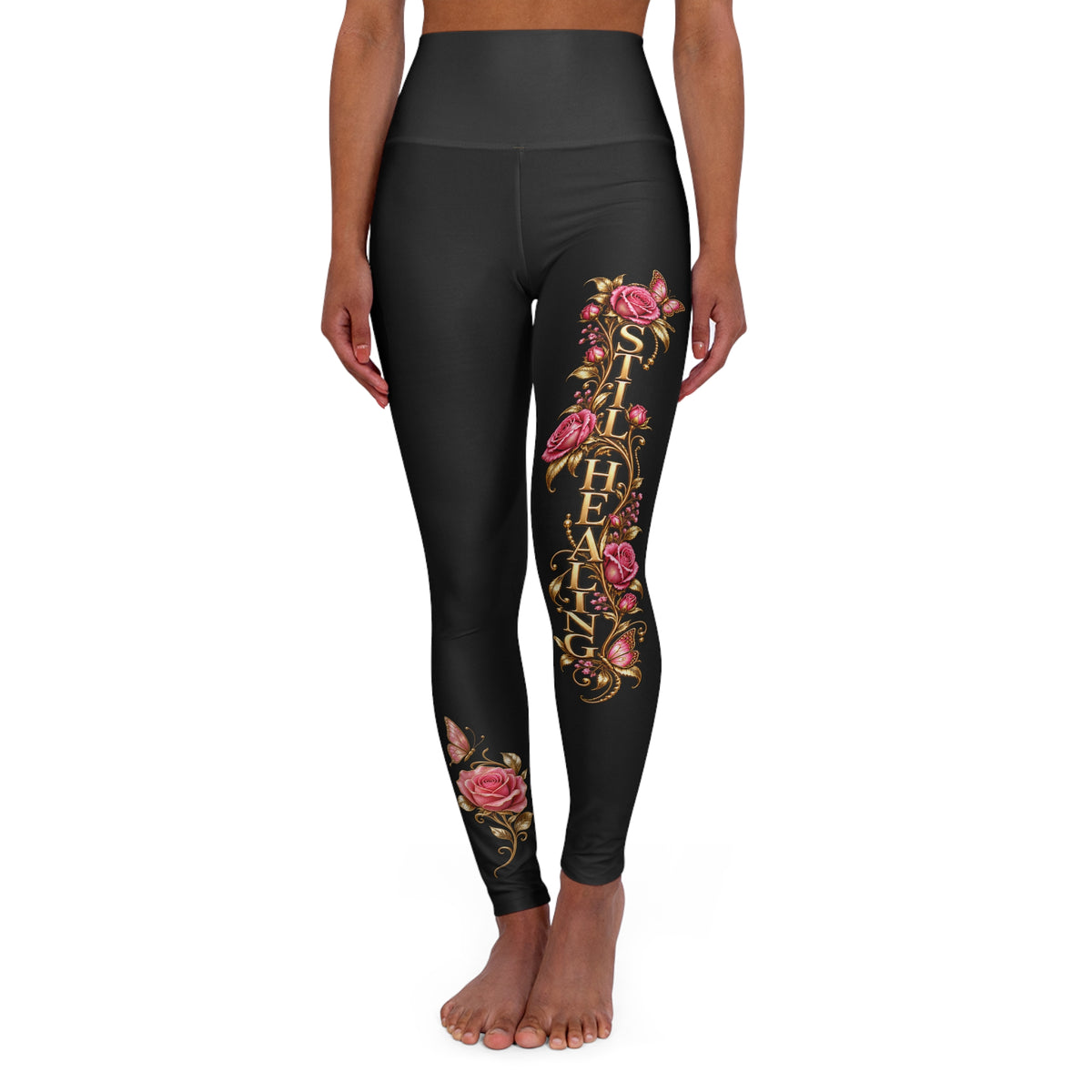 High-Waist Yoga Leggings — Vintage Floral “She’s Healed” Design