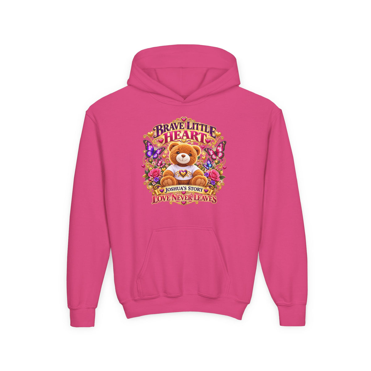 Brave Little Heart Youth Hoodie – Personalized Teddy Bear 'Love Never Leaves' Kids Sweatshirt