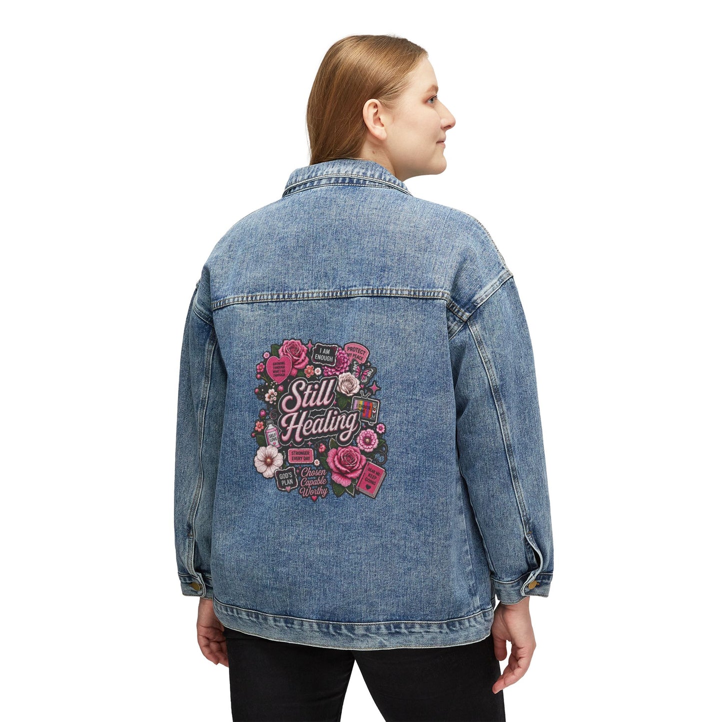 Still Healing Denim Jacket β Women's Floral Back Patch Jacket