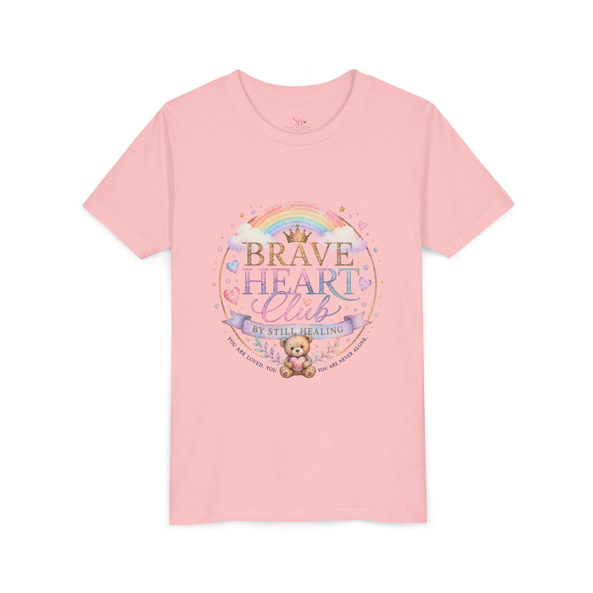 Brave Heart Club Youth Tee — Pastel Rainbow & Teddy Kids Shirt (“Brave Heart Club” Design)