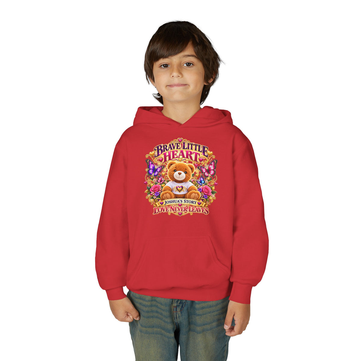 Brave Little Heart Youth Hoodie – Personalized Teddy Bear 'Love Never Leaves' Kids Sweatshirt
