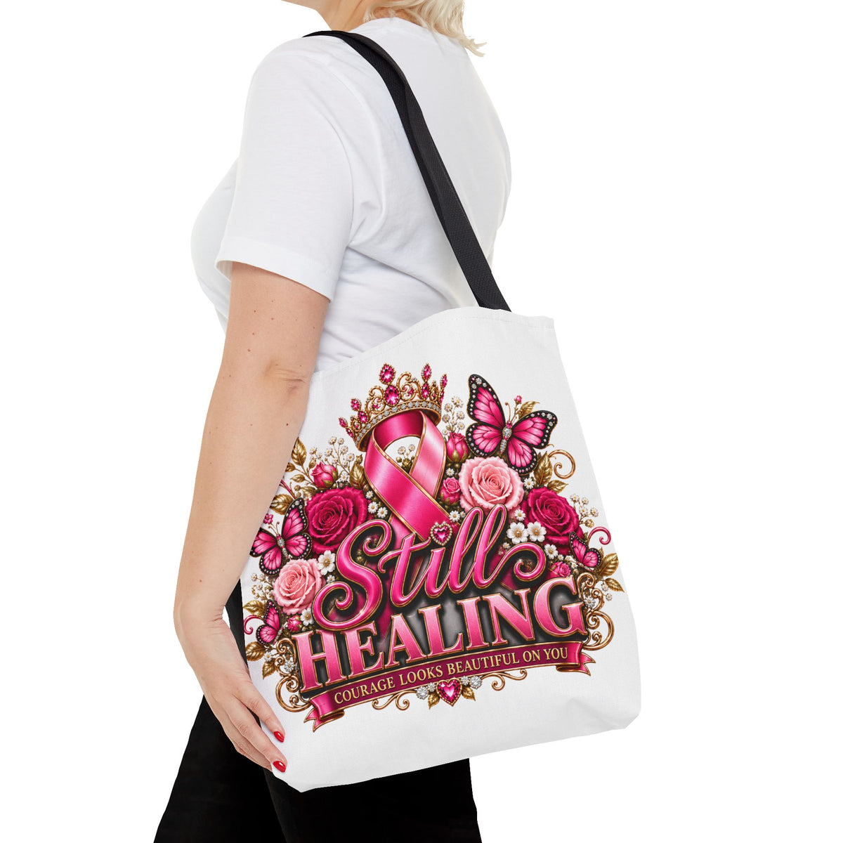 Breast Cancer Awareness Tote Bag - "Still Healing" Pink Ribbon Floral Design