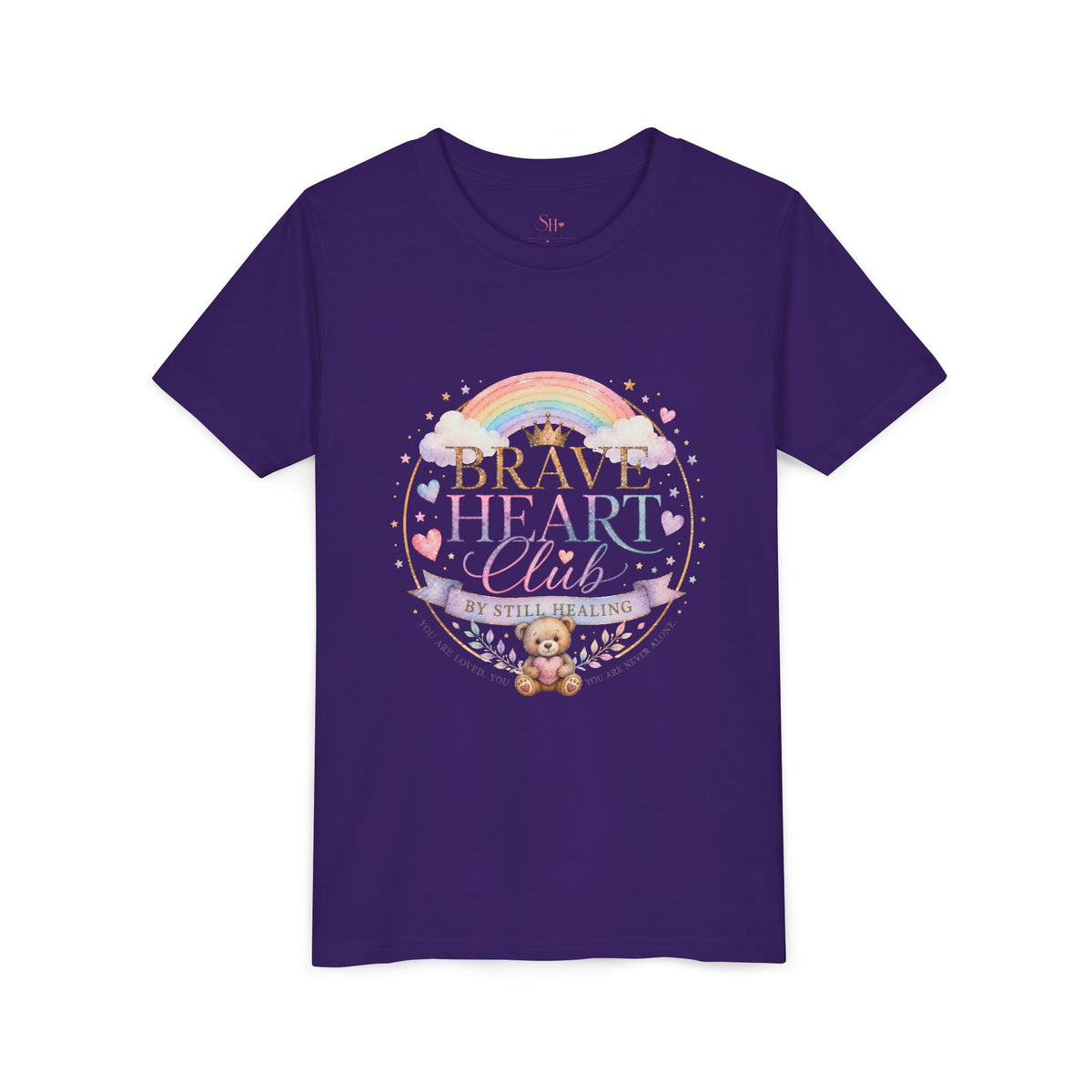 Brave Heart Club Youth Tee — Pastel Rainbow & Teddy Kids Shirt (“Brave Heart Club” Design)