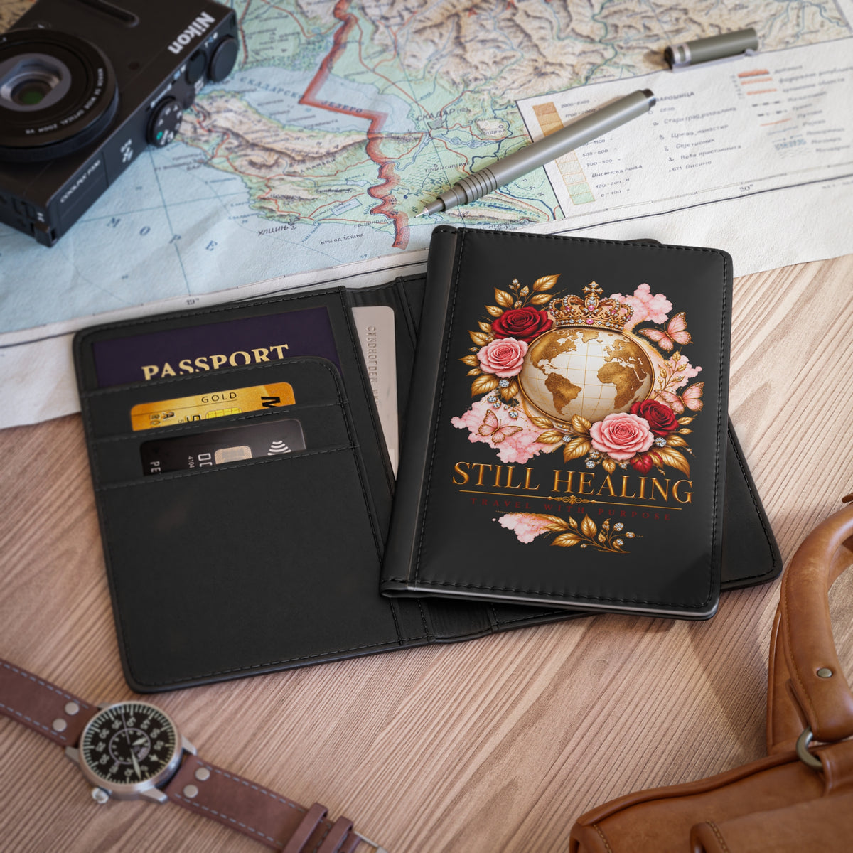Passport Cover — 'Still Healing' Floral Globe Travel Passport Holder