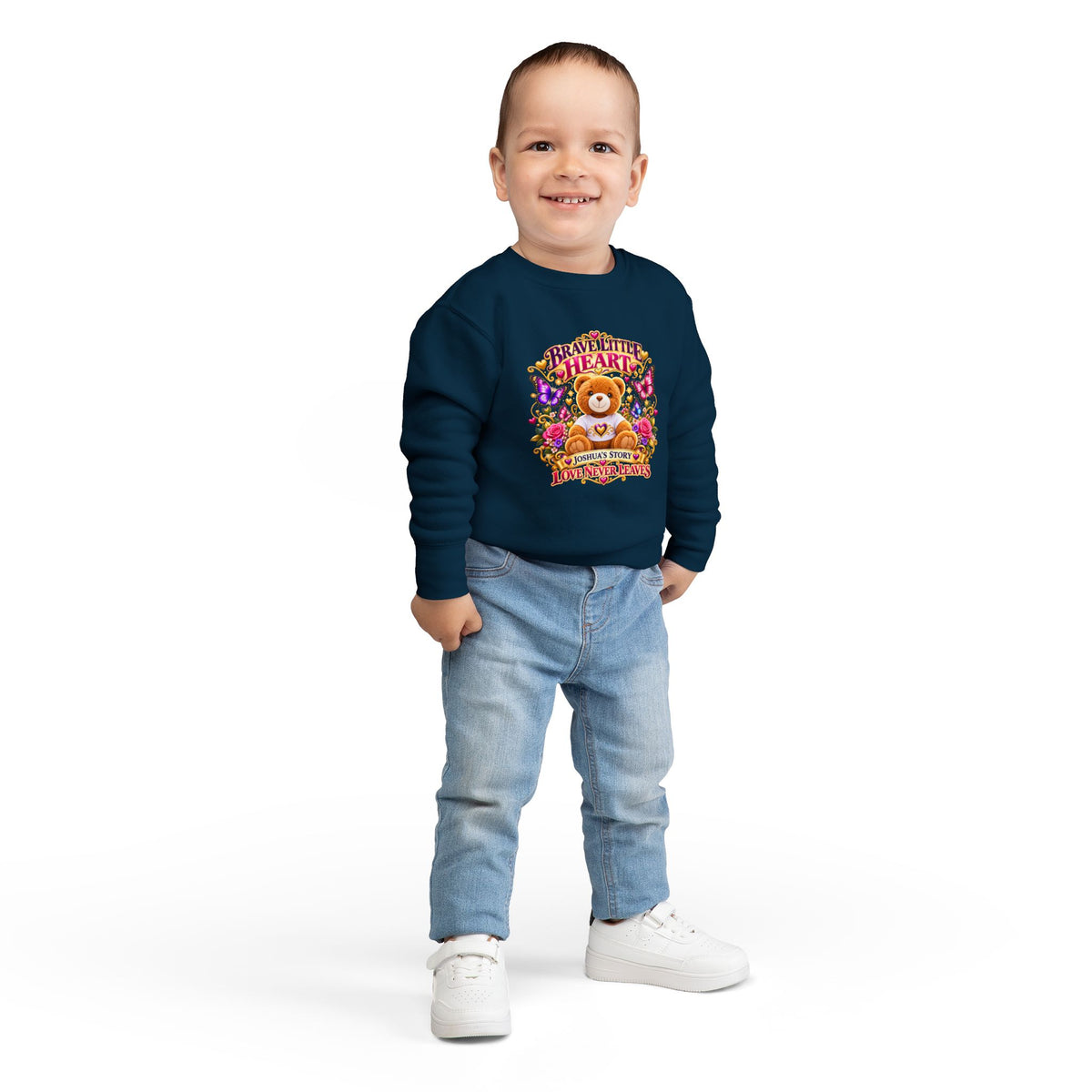 Brave Little Heart Toddler Sweatshirt – Personalized Bear & Butterflies “Love Never Leaves”
