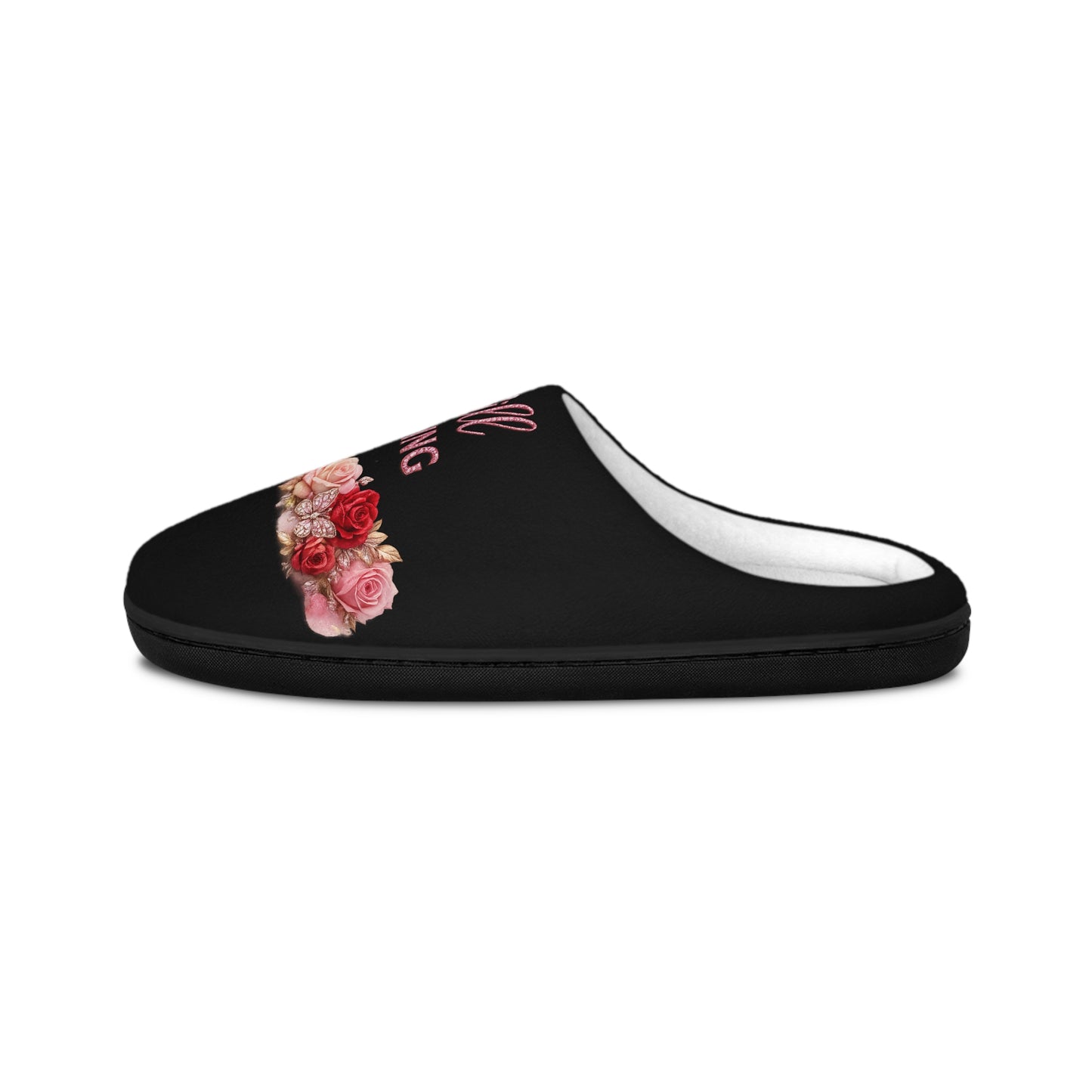 Slip-On Indoor Slippers — Soft Black Floral “Still Healing” Comfort Slides for Women