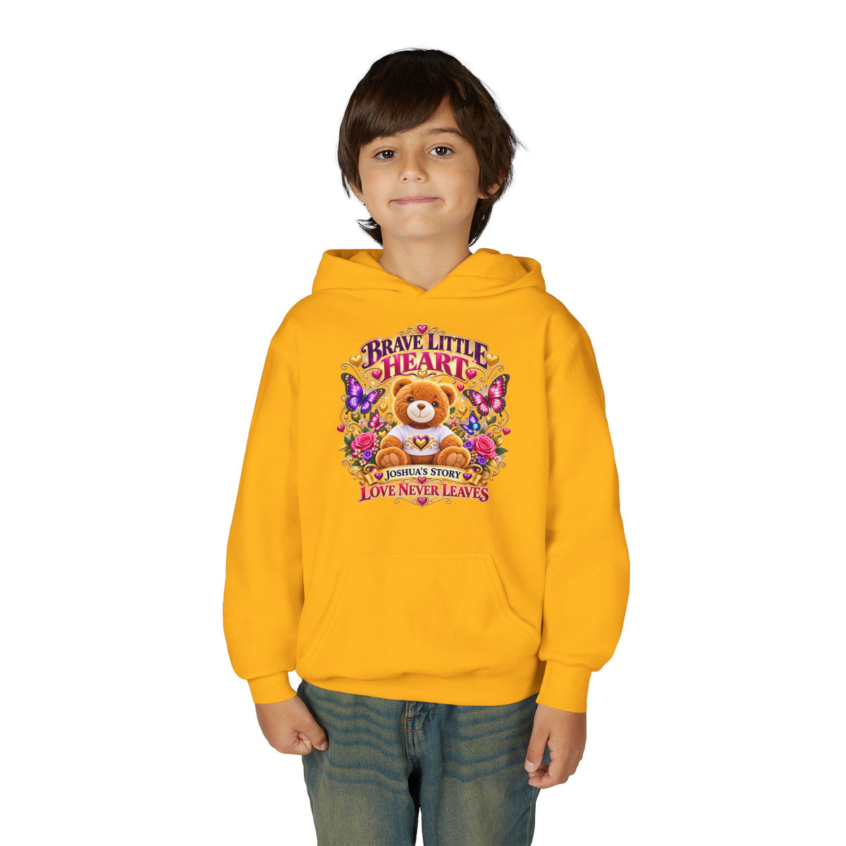Brave Little Heart Youth Hoodie – Personalized Teddy Bear 'Love Never Leaves' Kids Sweatshirt