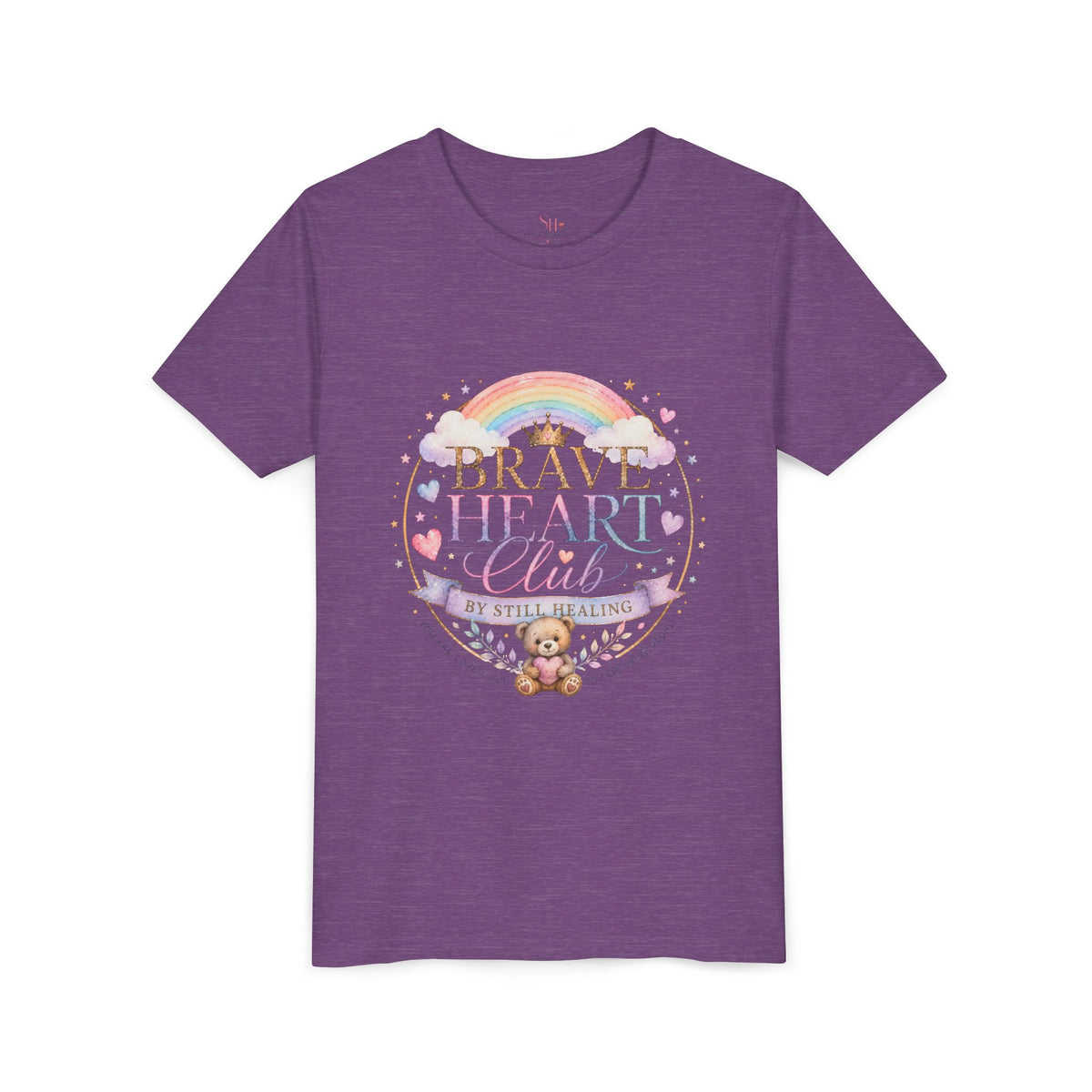 Brave Heart Club Youth Tee — Pastel Rainbow & Teddy Kids Shirt (“Brave Heart Club” Design)