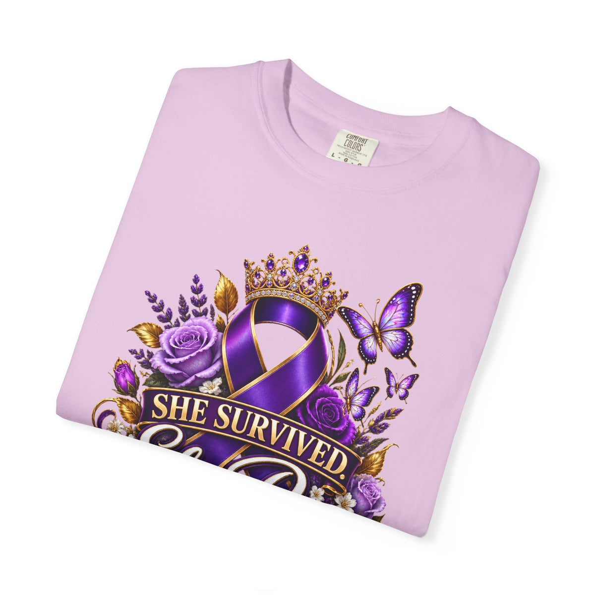 Survivor Awareness T-Shirt — "She Survived, She Rose" & "Love Should Never Hurt" Purple Ribbon Design