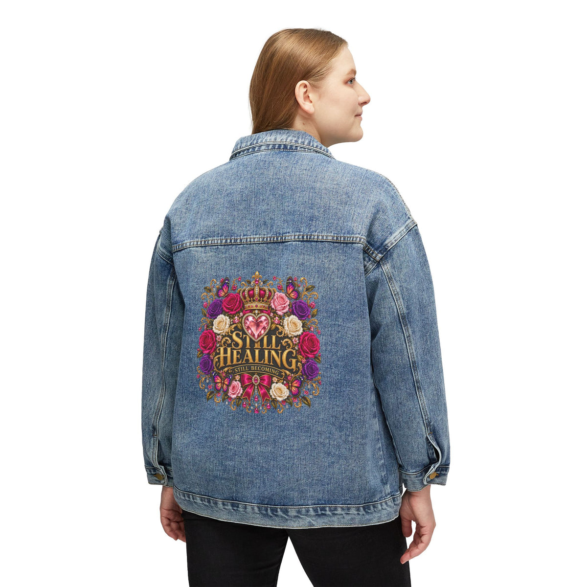 Women's Denim Jacket — 'Still Healing' Floral Crown Back Patch