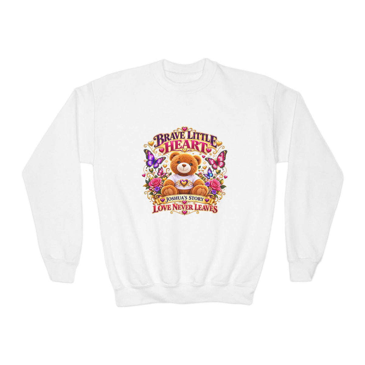 Brave Little Heart Youth Crewneck Sweatshirt β Cute Teddy Bear Floral Kids Pullover
