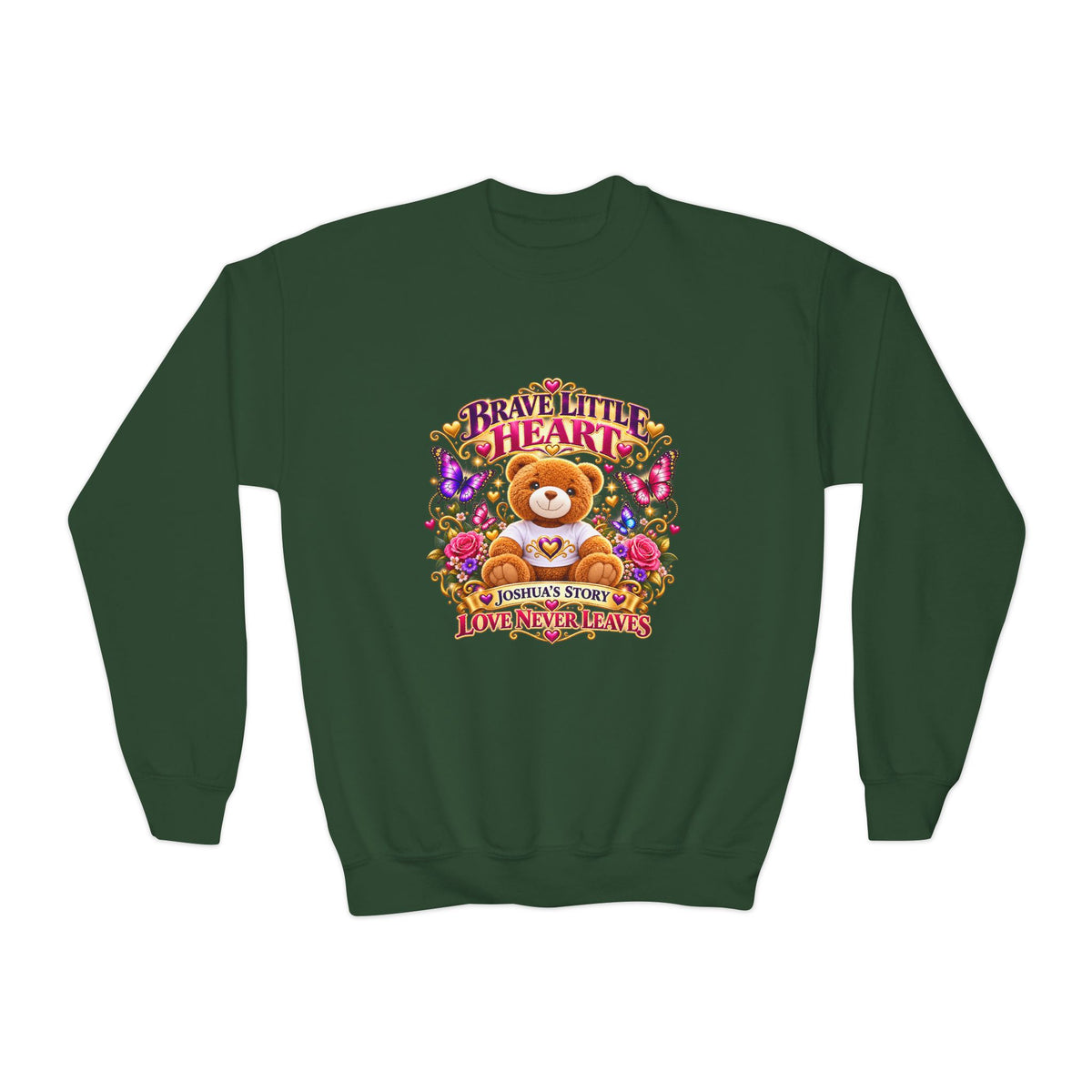 Brave Little Heart Youth Crewneck Sweatshirt β Cute Teddy Bear Floral Kids Pullover