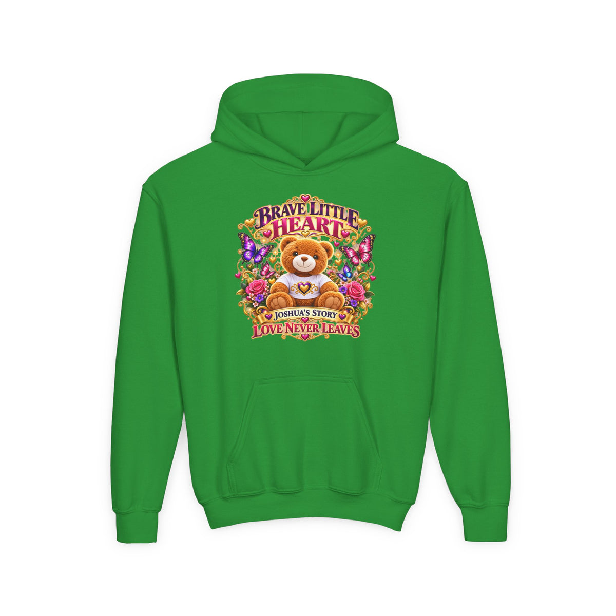 Brave Little Heart Youth Hoodie – Personalized Teddy Bear 'Love Never Leaves' Kids Sweatshirt