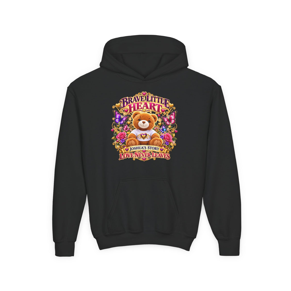 Brave Little Heart Youth Hoodie – Personalized Teddy Bear 'Love Never Leaves' Kids Sweatshirt