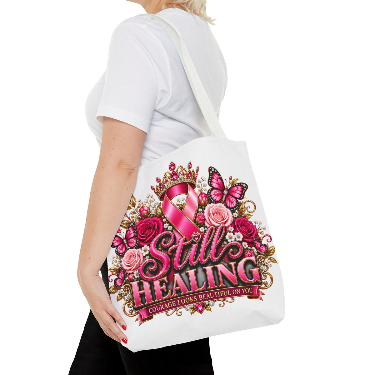 Breast Cancer Awareness Tote Bag - "Still Healing" Pink Ribbon Floral Design