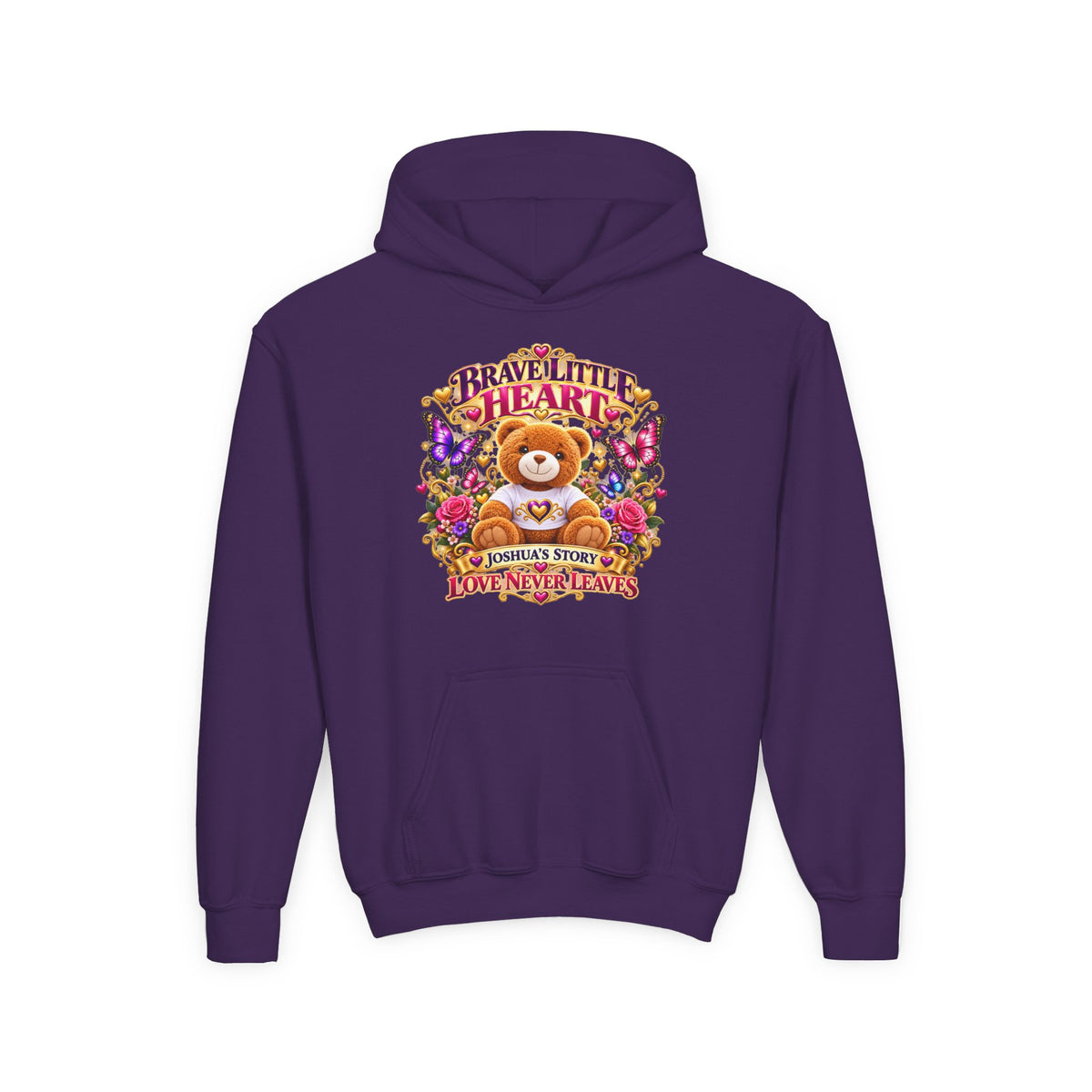 Brave Little Heart Youth Hoodie – Personalized Teddy Bear 'Love Never Leaves' Kids Sweatshirt