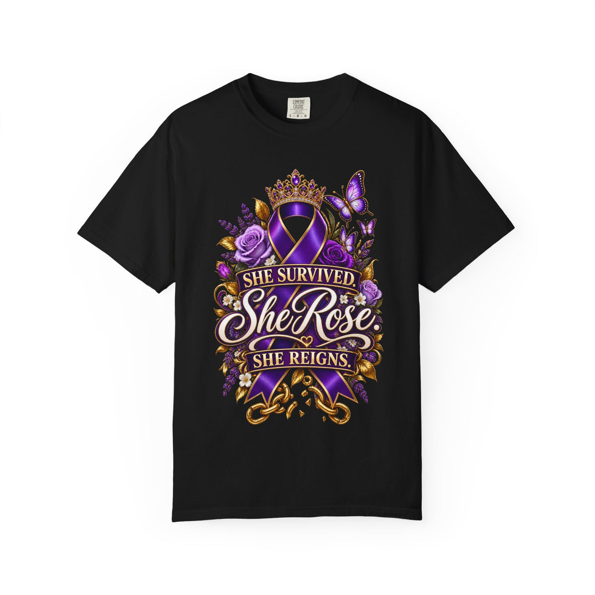 Survivor Awareness T-Shirt — "She Survived, She Rose" & "Love Should Never Hurt" Purple Ribbon Design