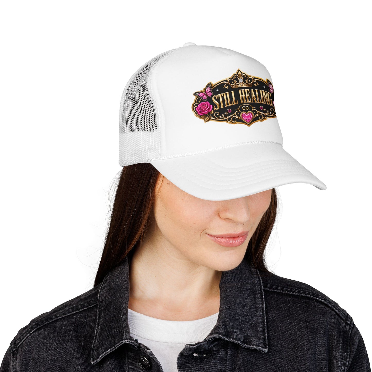 Still Healing Trucker Hat — Floral Vintage Patch Foam Cap
