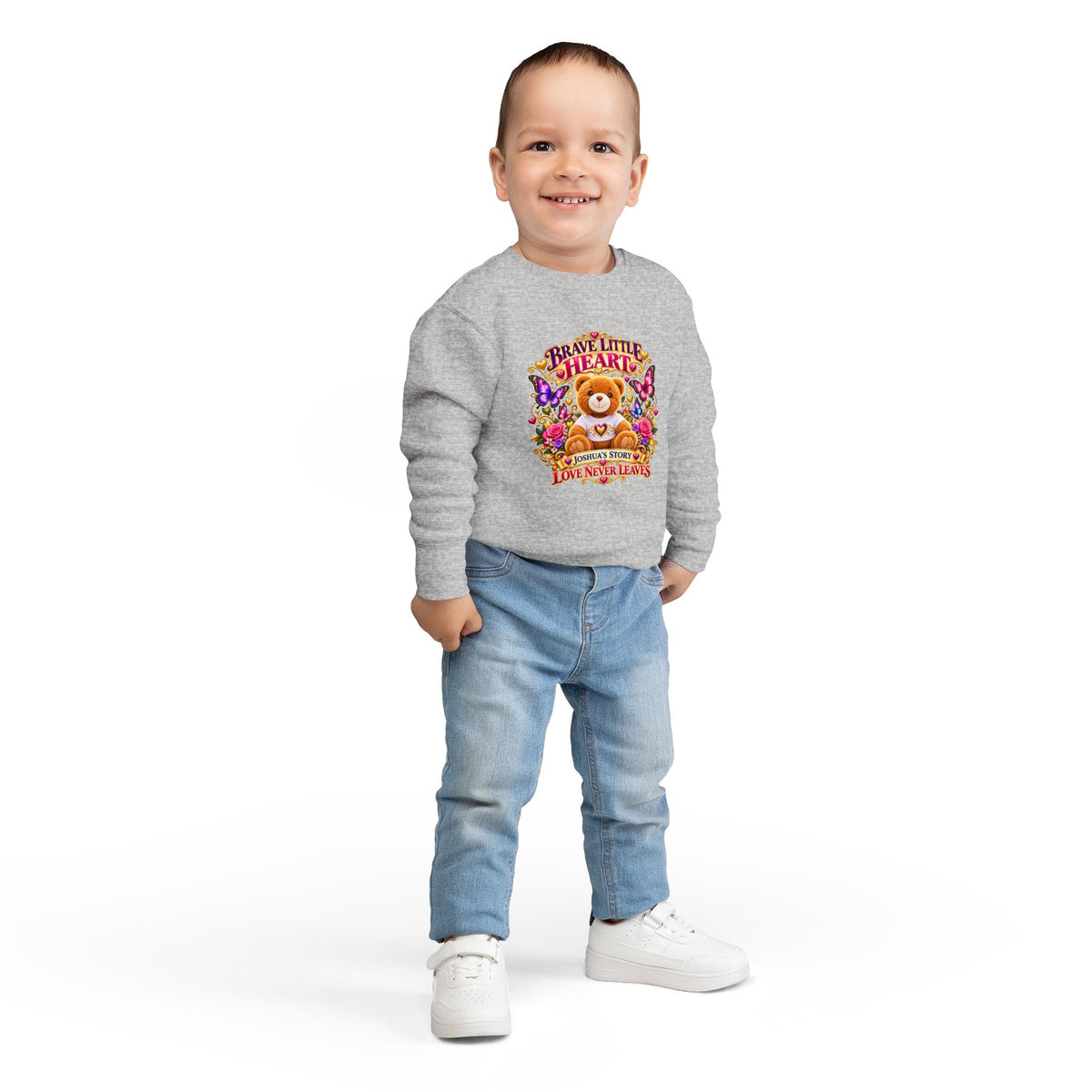 Brave Little Heart Toddler Sweatshirt – Personalized Bear & Butterflies “Love Never Leaves”