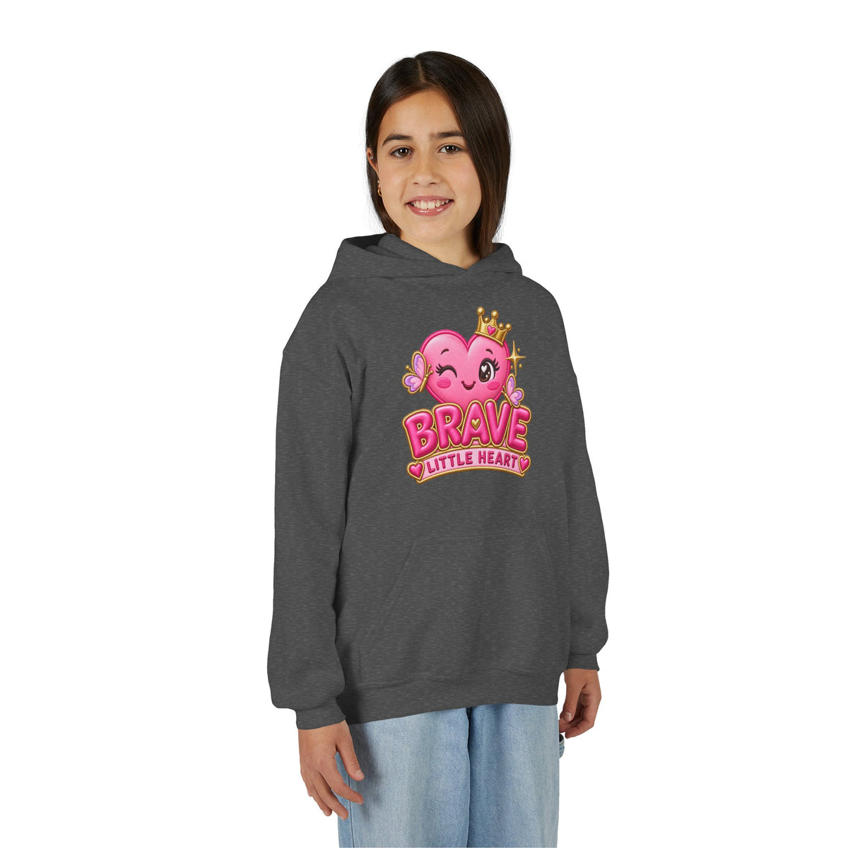 Youth Hoodie — "Brave Little Heart" Pink Heart Crown Kids Pullover