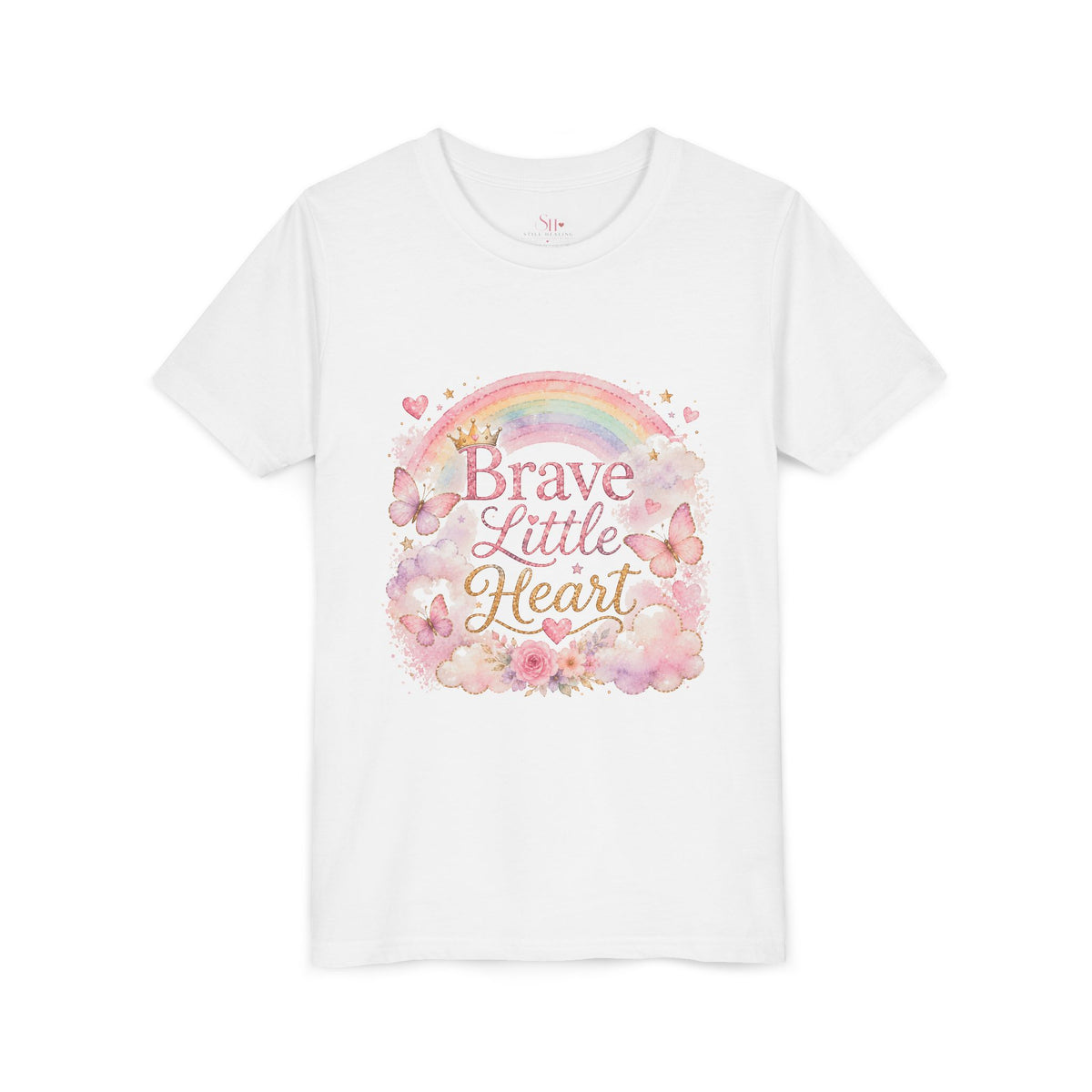 Brave Little Heart Youth Tee — Rainbow Butterflies Floral Kids Shirt