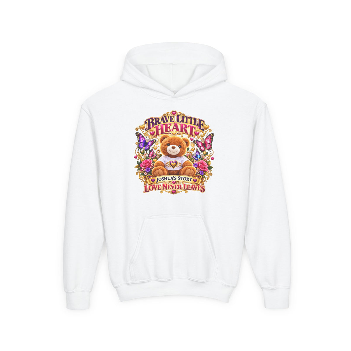 Brave Little Heart Youth Hoodie – Personalized Teddy Bear 'Love Never Leaves' Kids Sweatshirt