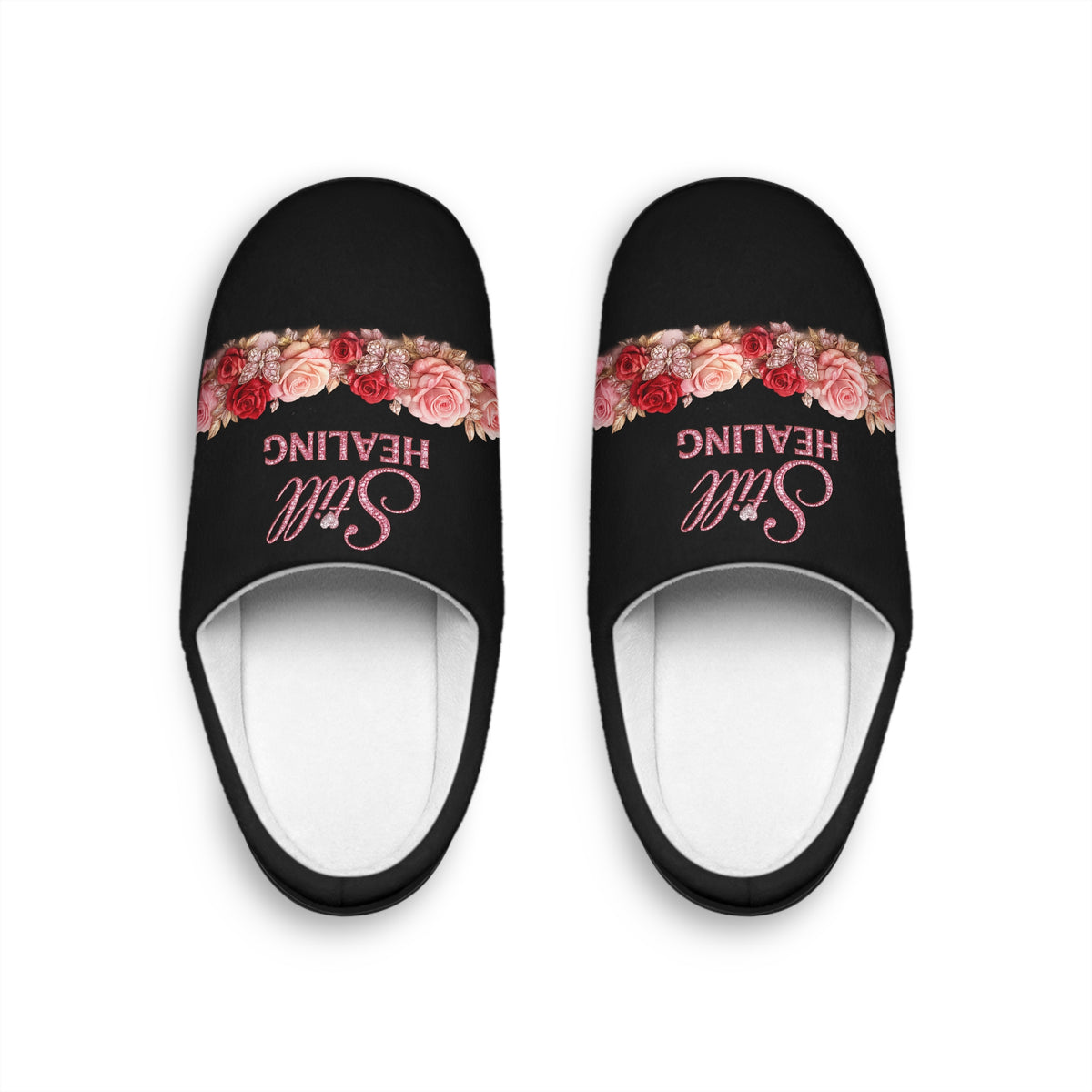 Slip-On Indoor Slippers — Soft Black Floral “Still Healing” Comfort Slides for Women