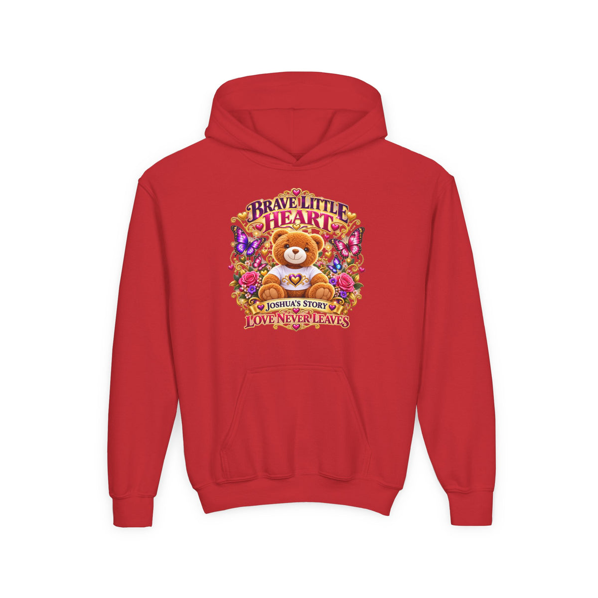 Brave Little Heart Youth Hoodie – Personalized Teddy Bear 'Love Never Leaves' Kids Sweatshirt