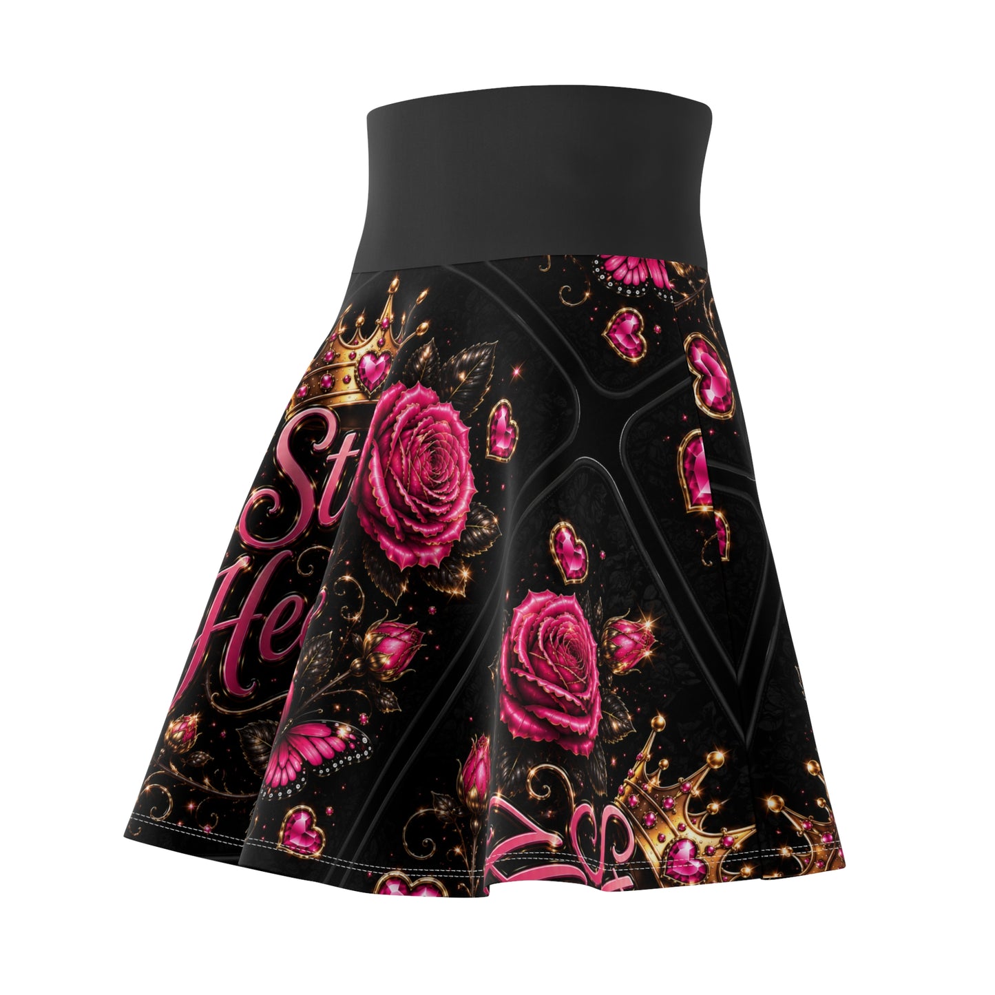 Still Healing Skater Skirt — Pink Roses, Crown & Butterfly Floral AOP