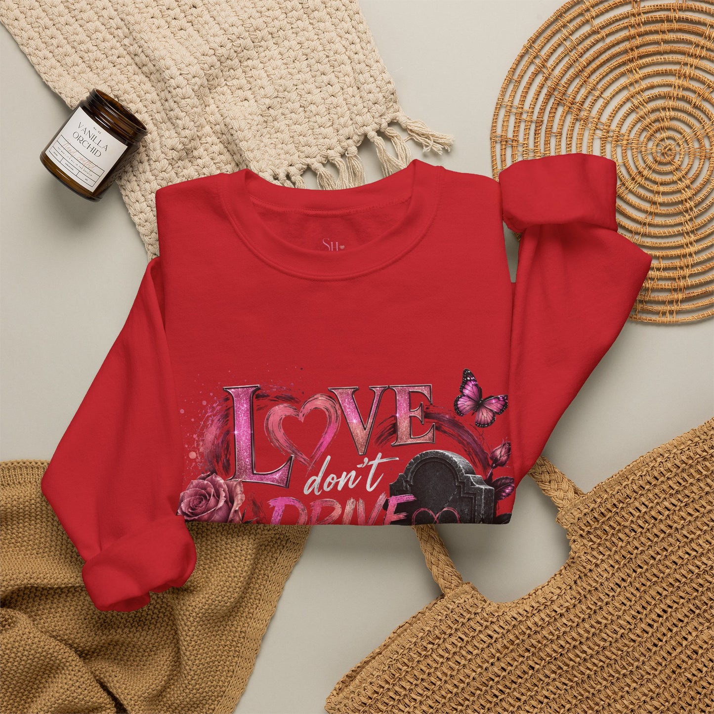 Crewneck Sweatshirt — "Love Don't Drive You Into a Grave" Pink Roses Breast Cancer Awareness