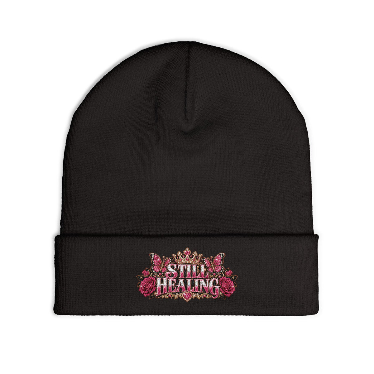 Embroidered 'Still Healing' Floral Crown Knit Beanie